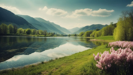 Beautiful spring landscape with lake and mountains, retro toned.の素材