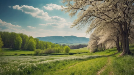 Beautiful spring landscape with blooming trees and meadows in mountainsの素材