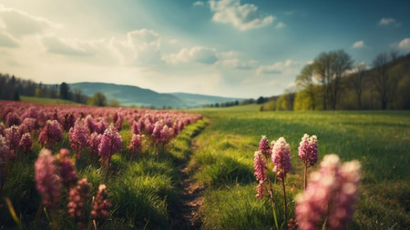 Beautiful spring landscape with pink hyacinth flowers on meadow.の素材