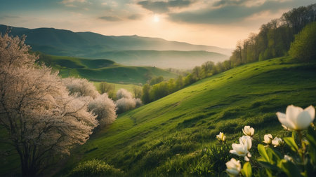 Beautiful spring landscape in Tuscany, Italy. Sunrise over green hills.の素材