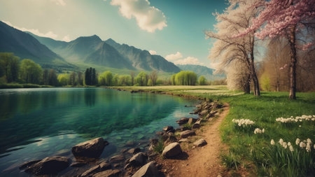Beautiful spring landscape with blooming trees and lake in mountains.の素材