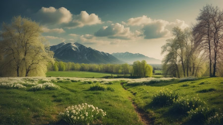 Beautiful spring landscape with meadow and mountains in the background.の素材