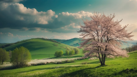 Beautiful spring landscape with blooming cherry tree on green meadowの素材