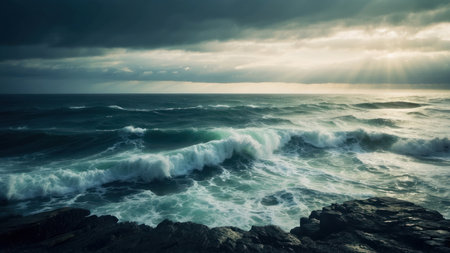 Beautiful seascape with stormy sky and stormy seaの素材
