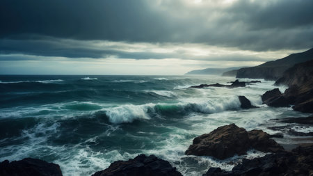 Beautiful seascape with stormy waves crashing on the rocksの素材