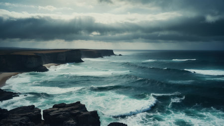 Aerial view of ocean waves crashing on the cliffs on a cloudy dayの素材