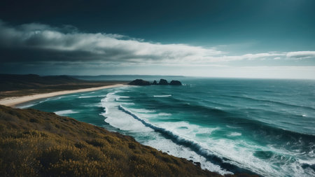 Beautiful panoramic view of the ocean waves crashing onto the beachの素材