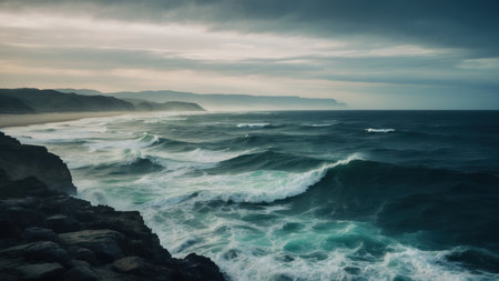 Beautiful seascape with ocean waves on a cloudy day.の素材
