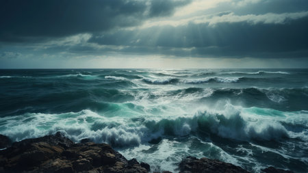 Beautiful seascape with stormy sky and ocean waves. Toned.の素材