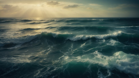 Aerial view of ocean waves at sunset. Color toning.の素材