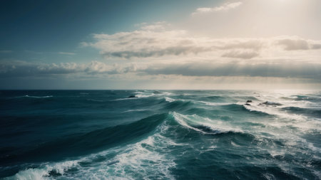 Aerial view of stormy ocean with waves and sunbeamsの素材