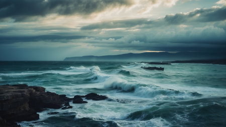 Beautiful seascape with stormy sky, rocks and ocean wavesの素材
