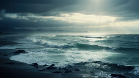 Beautiful seascape with stormy sky and sun rays.の素材