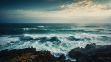 Beautiful seascape with waves crashing on the rocks. Toned.の素材