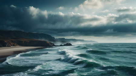 Beautiful seascape with stormy clouds and waves. Panoramaの素材