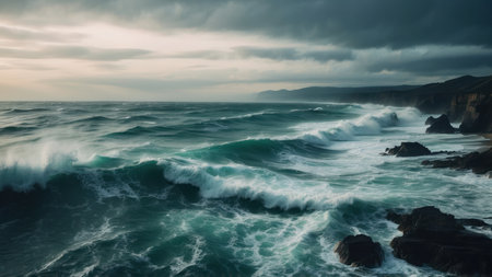 Aerial view of stormy Atlantic ocean waves crashing on rocky coastline at sunsetの素材