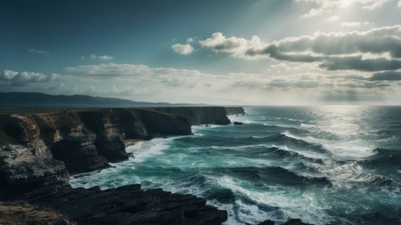 Waves breaking on the cliffs at sunset. Great Ocean Road, Australiaの素材