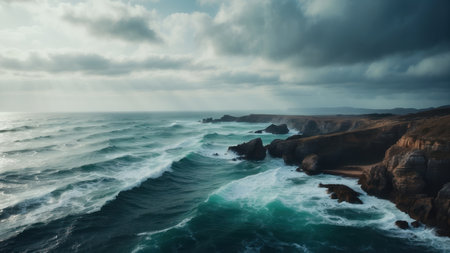 Aerial view of a stormy ocean with waves crashing on rocksの素材