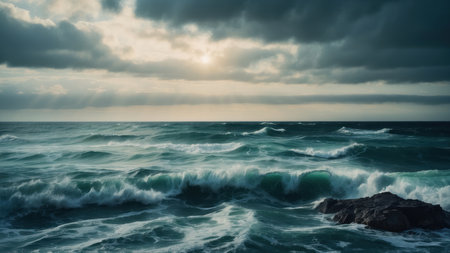 Stormy seascape. Dramatic sky, stormy sea. Waves and splashes. Epic seascapeの素材