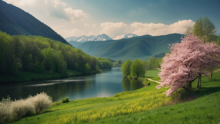 Beautiful spring landscape with pink sakura flowers on the background of mountainsの素材