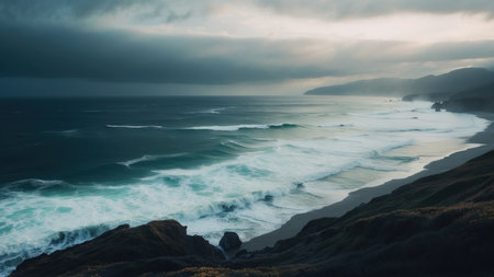 Aerial view of the Pacific Ocean at sunset, California, USAの素材
