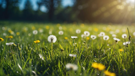 Dandelion flowers on green meadow. Spring nature background.の素材