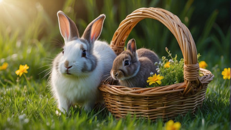 Rabbits in a wicker basket on a green grass in the gardenの素材