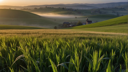 Sunrise over the corn field in Tuscany, Italy.の素材