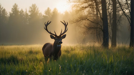 Whitetail Deer Buck during rutting season at sunrise.の素材