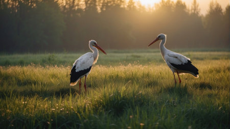 Two storks on a meadow at sunrise in the Netherlands.の素材