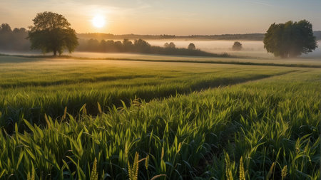 Sunrise over a field with ears of corn and trees in the backgroundの素材