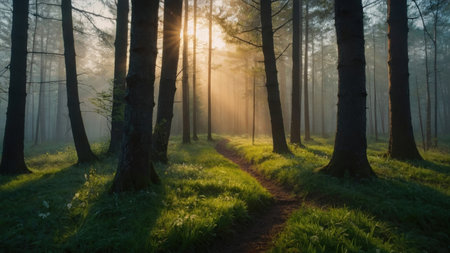 Morning in the forest. Sunlight in the forest. Morning in the forestの素材