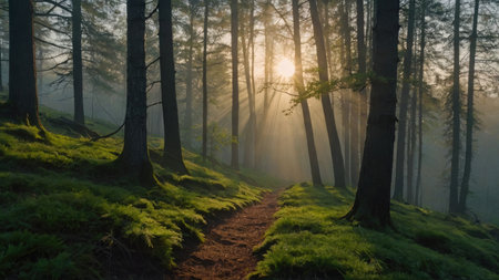 Sunrise in a misty morning in the forest. Sun rays through the trees.の素材