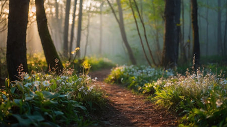 Path in the forest at sunrise. Early spring in the forest.の素材