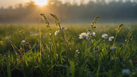 Sunrise on the meadow with little white flowers and green grassの素材