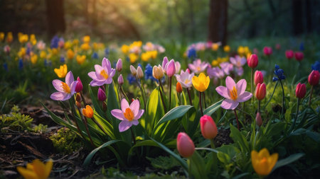 Colorful crocuses in the spring forest. Spring landscape.の素材