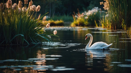 Beautiful white swan swimming on a lake in the evening.の素材
