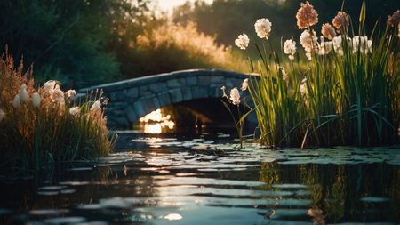 Sunset on the lake with flowers and bridge in the background.の素材