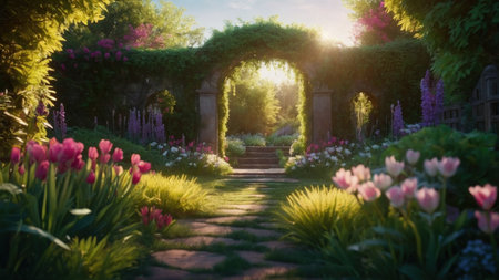 Beautiful spring garden with blooming tulips and archway.の素材
