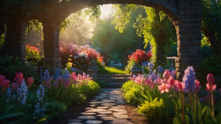 Beautiful spring garden with tulips, hyacinths and archの素材