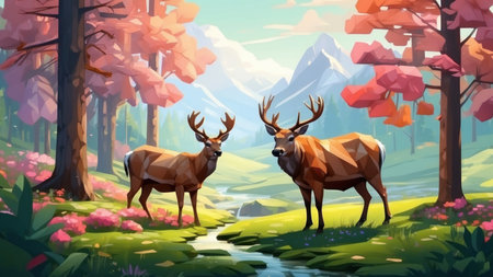 Mountain landscape with forest and deer. Cartoon style vector illustration.の素材