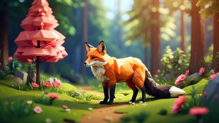 Cute fox in the forest. 3D illustrations. Conceptual image.の素材