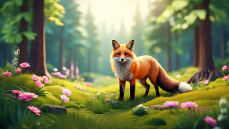Red fox in the forest with flowers. 3d render illustration.の素材