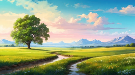 Beautiful spring landscape with a tree on the meadow and mountains in the backgroundの素材