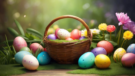 Wicker basket with colorful Easter eggs on green grass. Easter conceptの素材