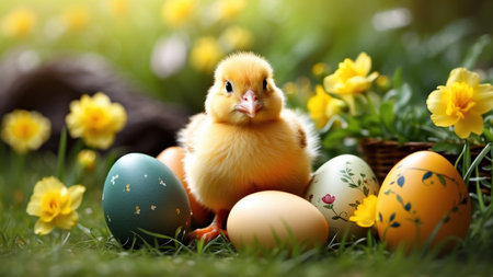 Easter eggs and little chicken on green grass with yellow narcissusの素材