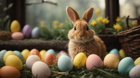 Cute Easter bunny and colorful eggs on green grass, closeupの素材