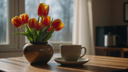 Bouquet of tulips and a cup of coffee on a wooden tableの素材