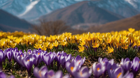 Crocuses on the meadow with snow capped mountains in the backgroundの素材