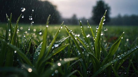Drops of dew on the green grass in the rain.の素材